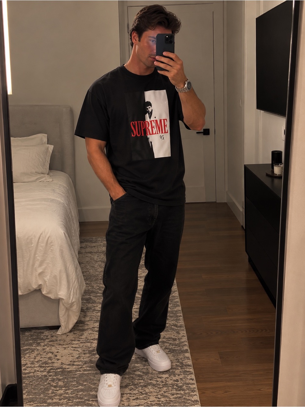 Supreme Black Tee with Red & White Split Scarface Graphic